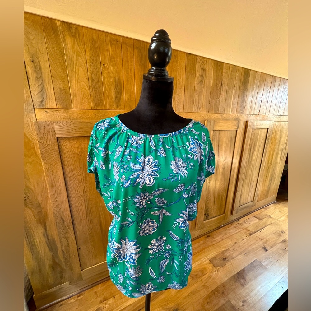 Loft, Teal, Green Floral short sleeve blouse
